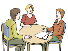 Zeichnung von drei Personen in einer Beratungssituation